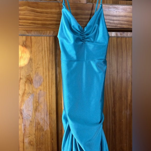 Teal Satin Criss Cross Gown - Picture 5 of 11